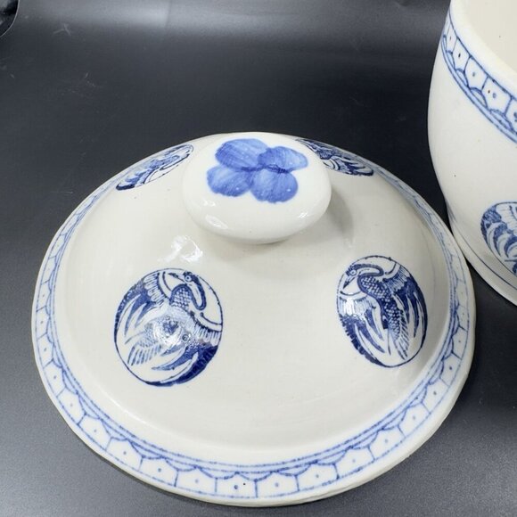 Vintage Japanese Pottery Serving Dish Bowl with Lid Crane Phoenix White Blue VTG - Picture 8 of 15